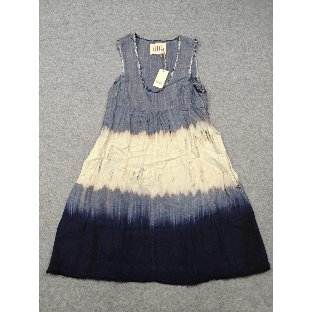 Illia Anthropologie Dress Womens XS Blue Chambray Tie Dye Fringe Boho Sundress